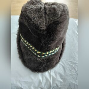 Brown Faux Fur Hat with Green and Yellow Trim